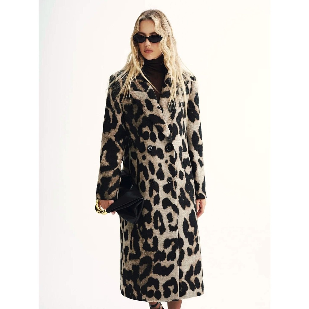 Commense Leopard Wool Blend Long Coat Size S Double-Breasted Trench Statement